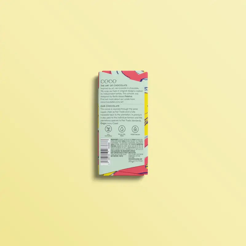 Chocolate bar packaging with colorful design on a light yellow background