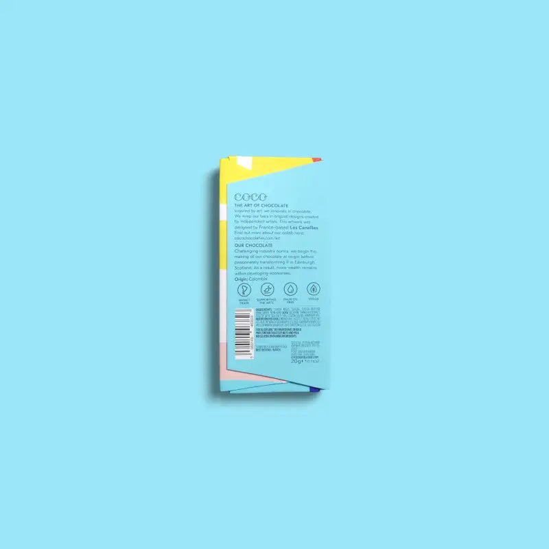 Product packaging with text on a light blue background