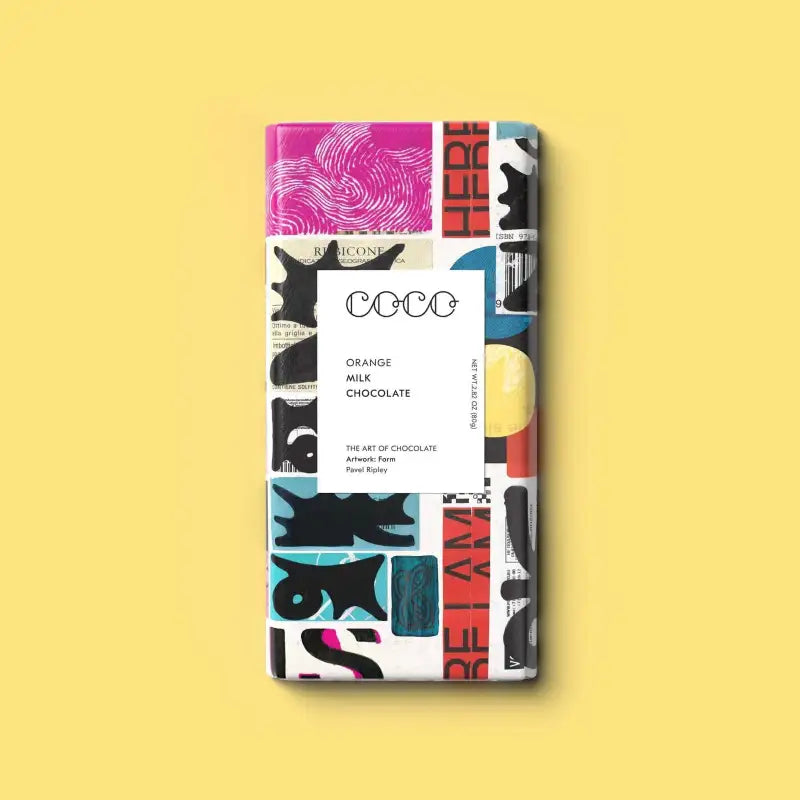 Colorful chocolate bar packaging with abstract designs on a yellow background