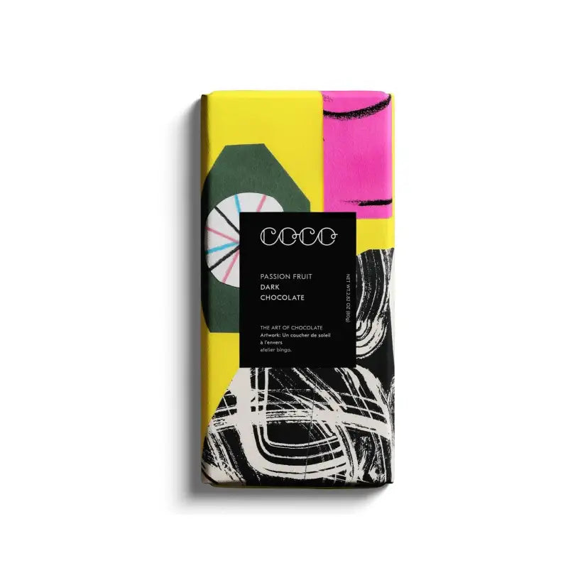 Chocolate bar with colorful packaging and 'COCO' branding on a white background