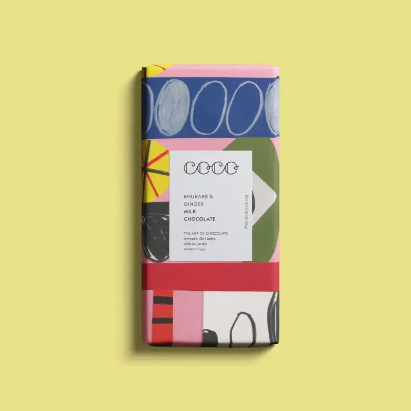 Colorful chocolate bar packaging with geometric patterns on a yellow background