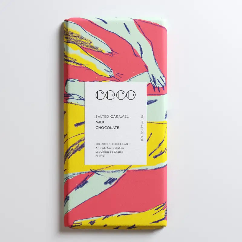 Chocolate bar with colorful packaging and a visible brand label on a light gray background