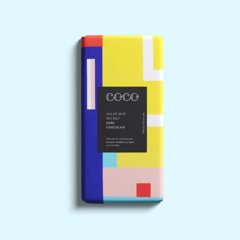 Colorful chocolate bar packaging with geometric design on a light blue background