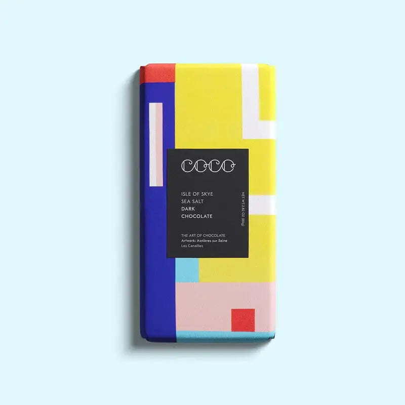 Colorful chocolate bar packaging with geometric design on a light blue background