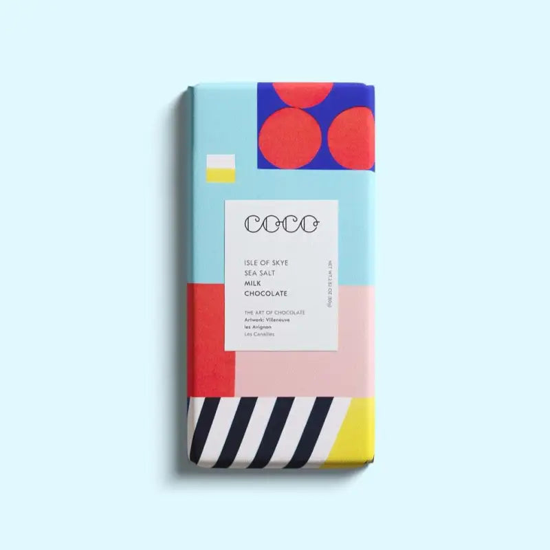 Chocolate bar with colorful packaging on a light blue background