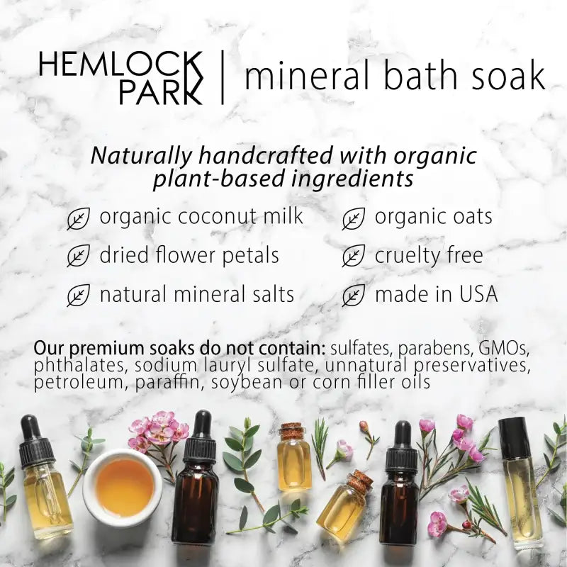 Promotional image of Hemlock Park mineral bath soak with ingredients listed and bottles displayed.