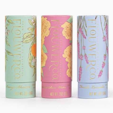 Three floral-infused cocktail cube product tubes with 'Flouwerco' branding on a white background.