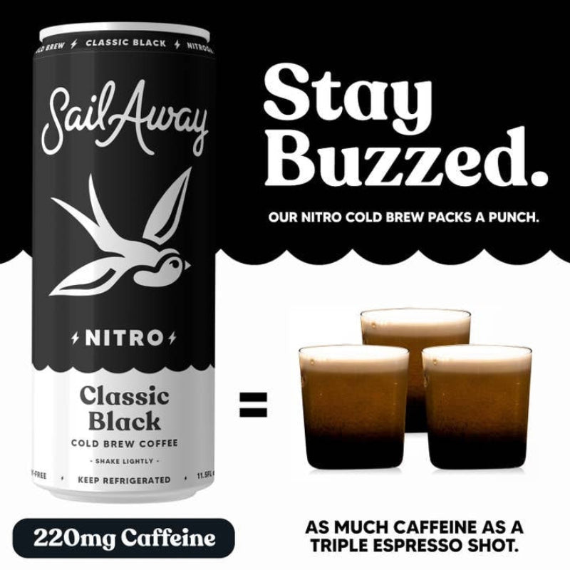 SailAway Nitro Classic Black cold brew coffee can with promotional text and coffee cups.