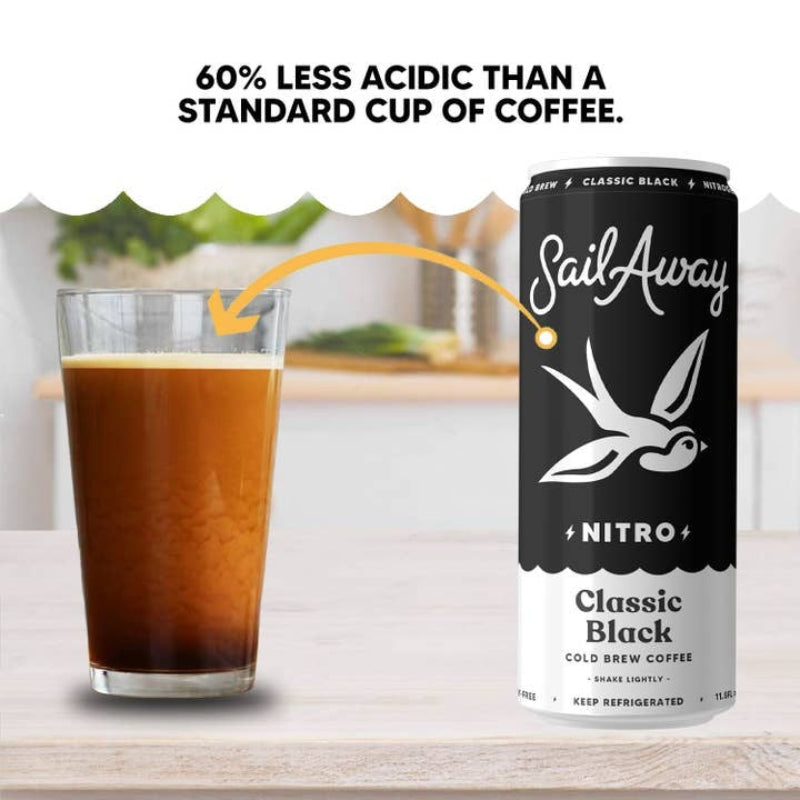 A can of SailAway Classic Black Nitro Cold Brew Coffee stands on a light wood surface beside a glass of dark coffee, with text above comparing acidity to a standard cup of coffee.