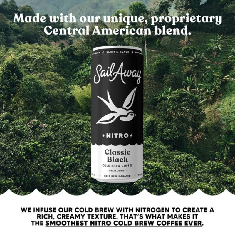 SailAway Nitro Classic Black Cold Brew Coffee can with a forest background