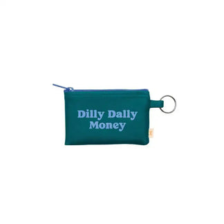 Teal pouch with 'Dilly Dally Money' text on a white background