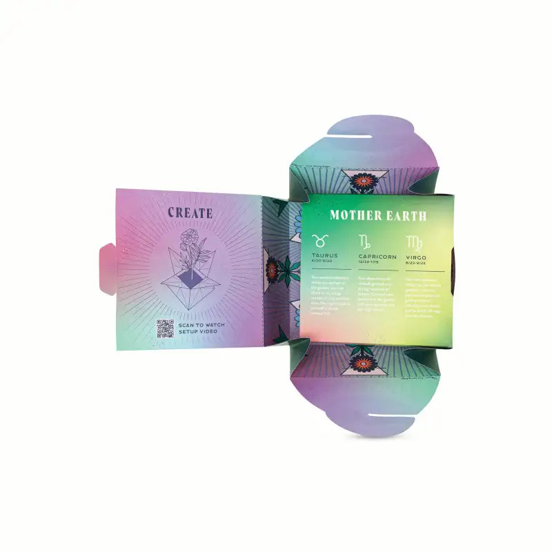 Colorful packaging with 'Create' and 'Mother Earth' text on a white background