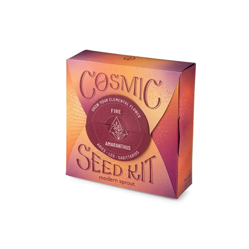 Cosmic Seed Kit packaging with a gradient of orange and pink on a white background