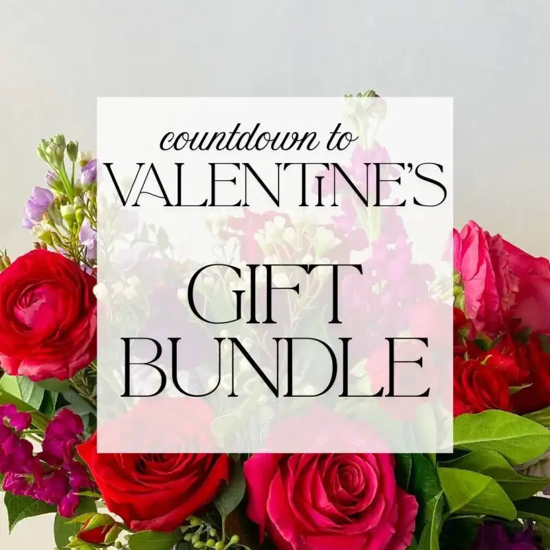 Promotional graphic for Valentine's Day gift bundle with flowers and text overlay.