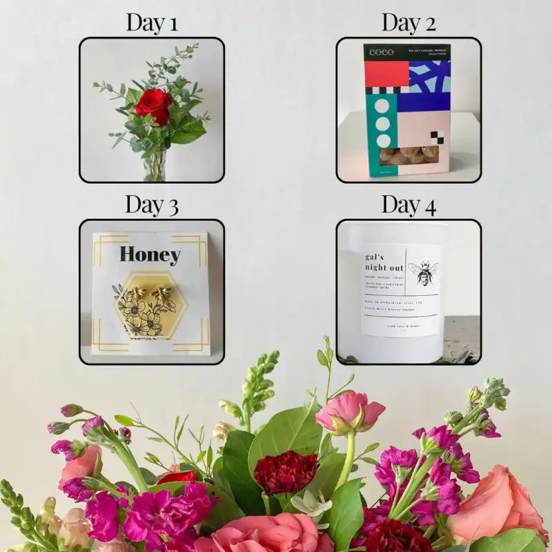 Four-day product display with flowers and various items on a light background