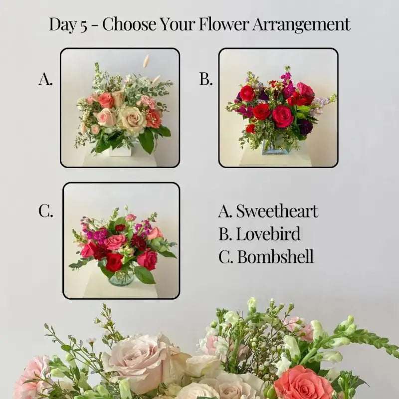 Three flower arrangements labeled A, B, and C with a plain background.