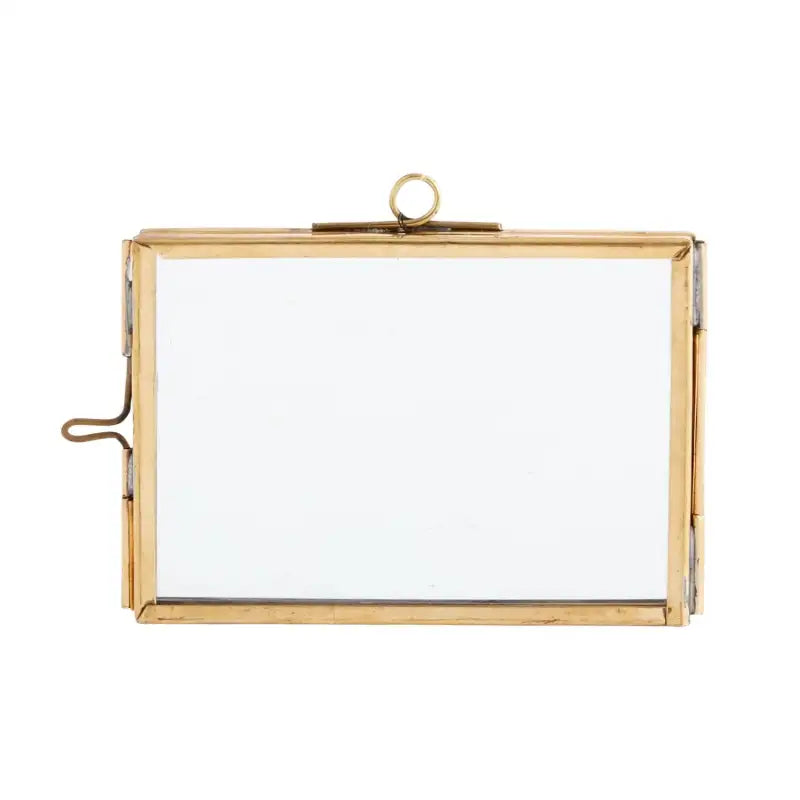 Gold clutch with a white interior on a white background