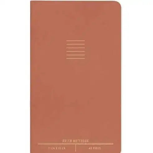 Rust-colored notebook with ruled pages on a white background