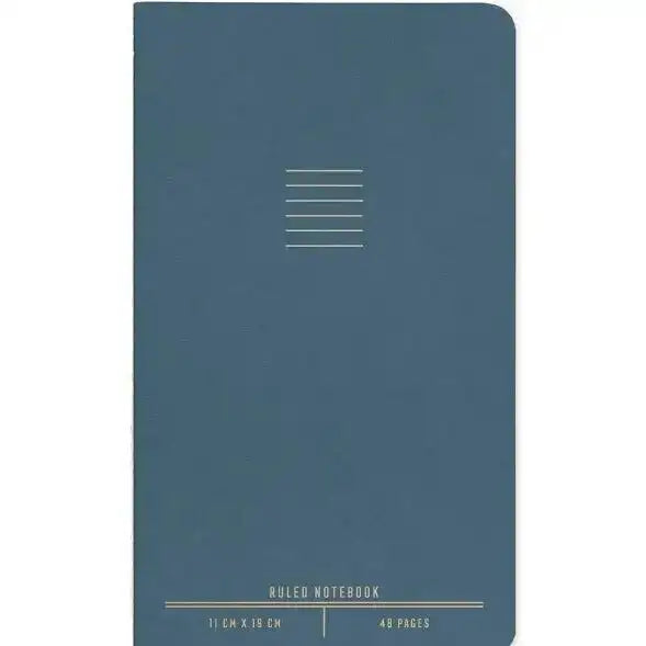 Blue notebook with ruled pages on a white background