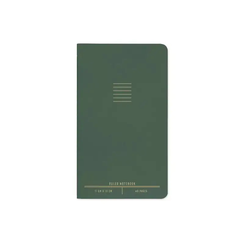 Green notebook with gold text on a white background