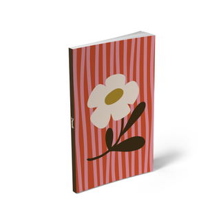 Notebook with a daisy design on a red and white striped background