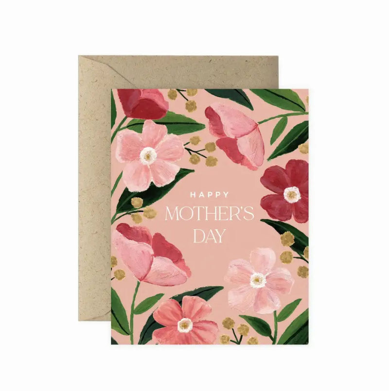 Floral Mother's Day card with pink flowers and green leaves on a pink background.