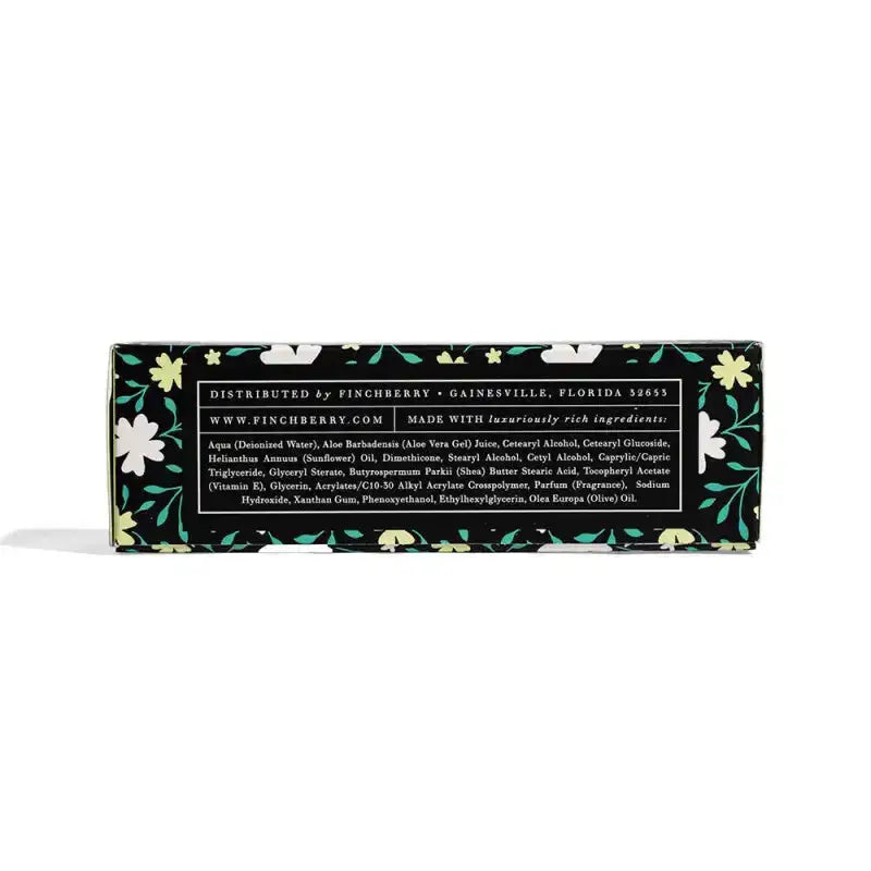 Product packaging with floral design and text on a white background