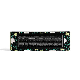 Product packaging with floral design and text on a white background