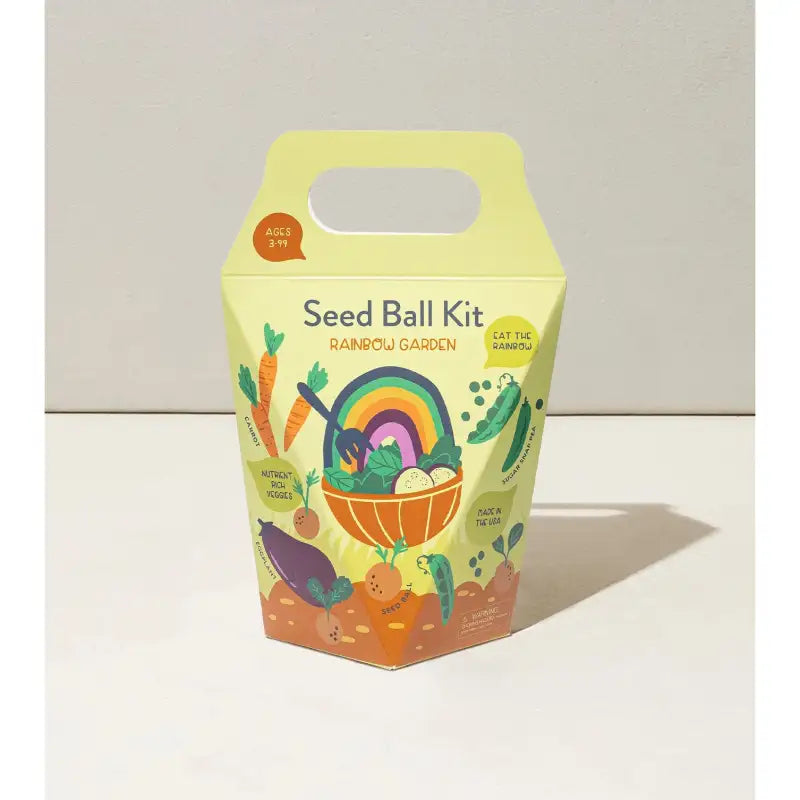 Seed ball kit packaging with colorful design on a light background