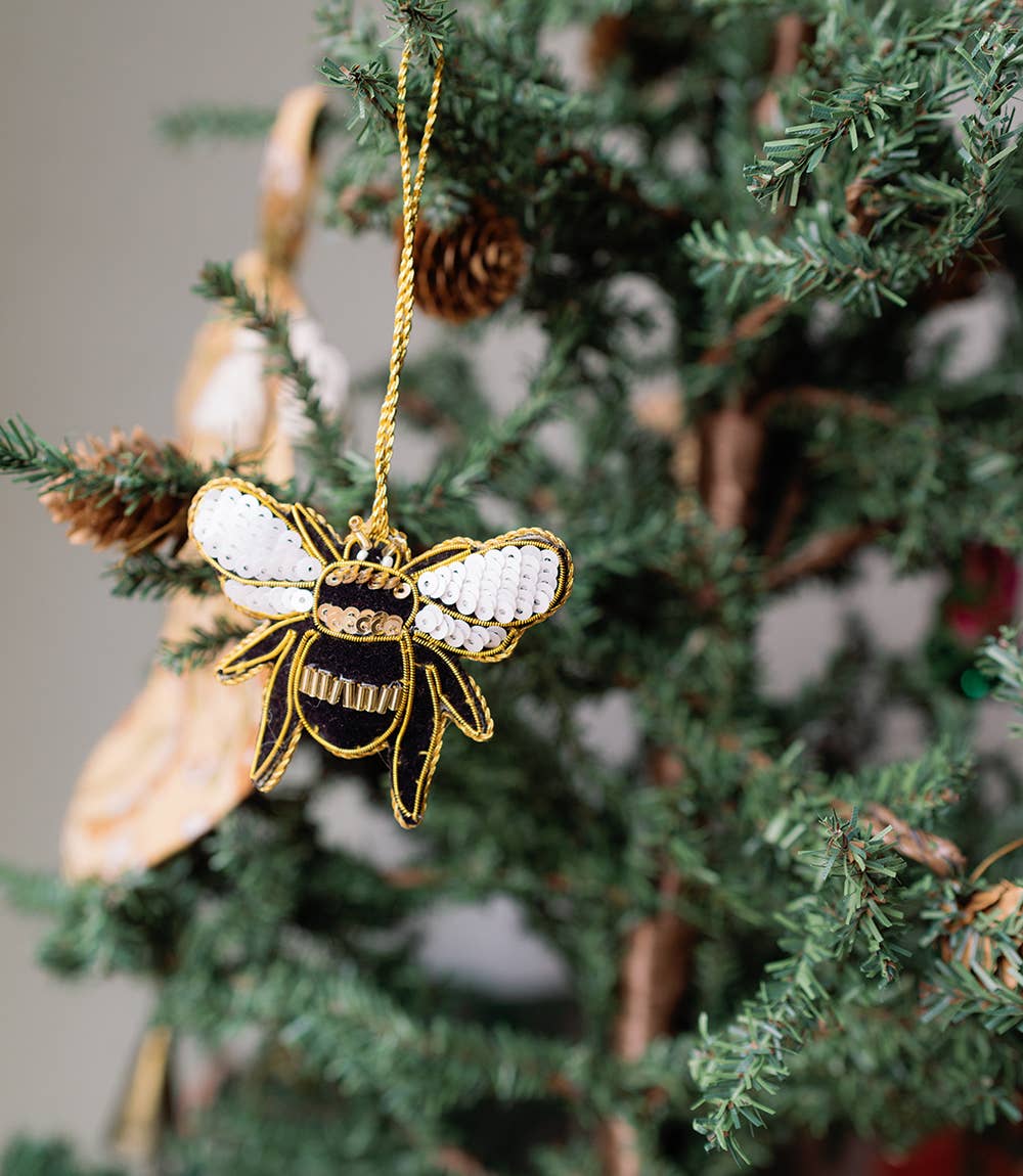 Plush Bee Beaded Felt Ornament - Embroidered
