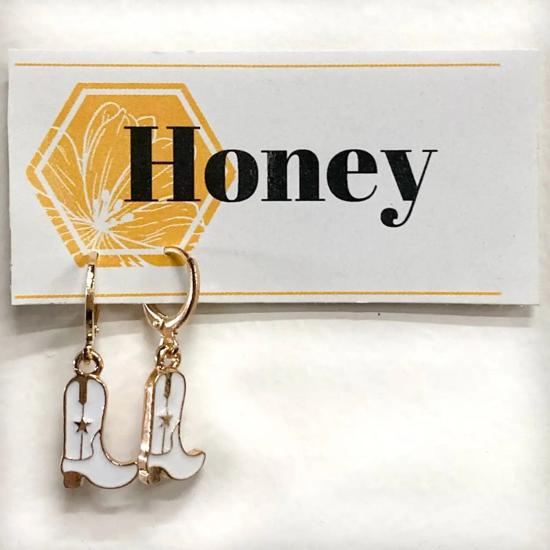Cowboy boot earrings on a card with 'Honey' text