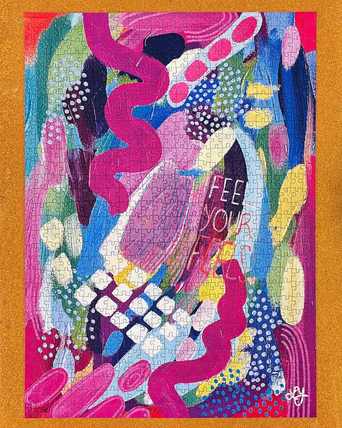Colorful abstract artwork with text on a brown background