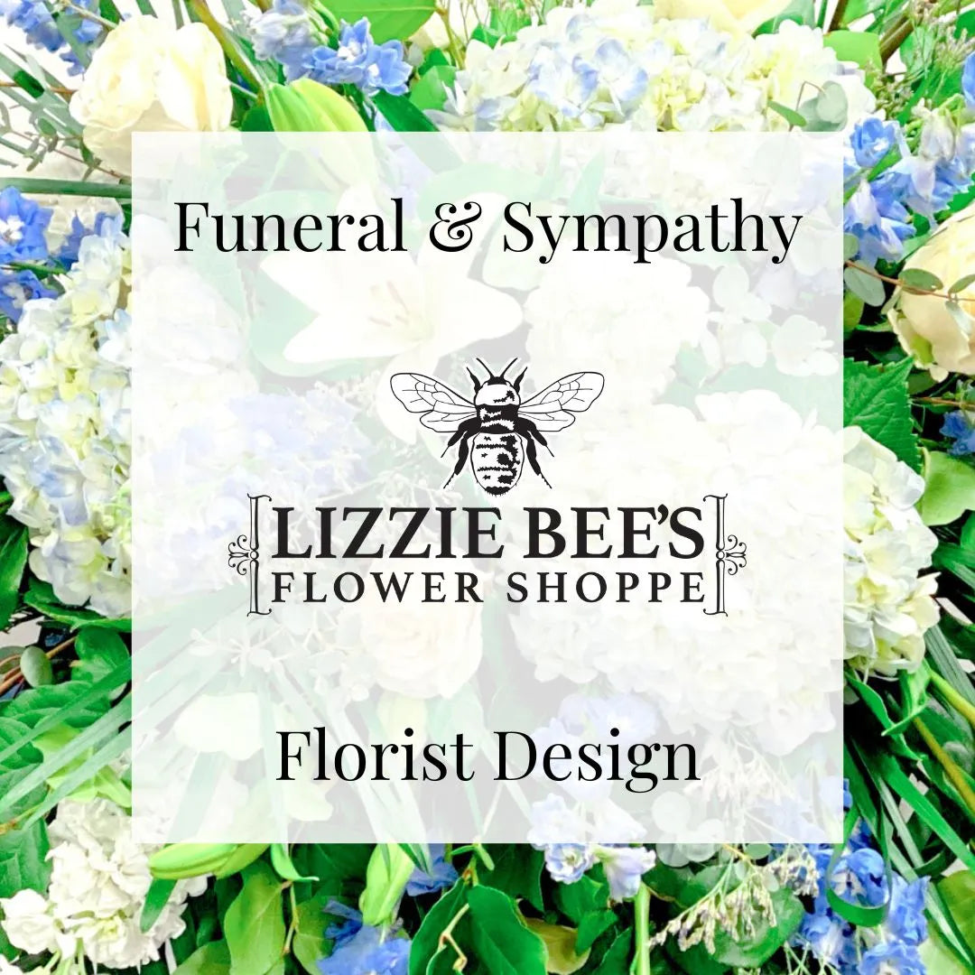 Lizzie Bee's Flower Shoppe logo with floral background for funeral and sympathy florist choice arrangement