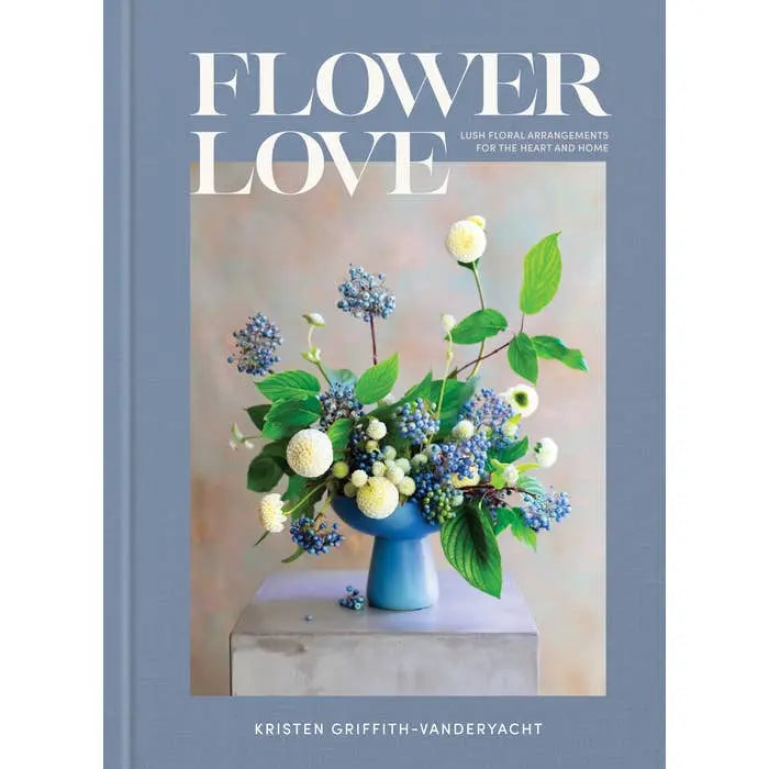 Flower Love book cover with flower arrangement and blue background