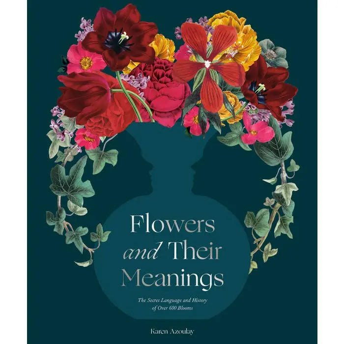 Book cover of 'Flowers and Their Meanings' with floral design and text on a dark blue background