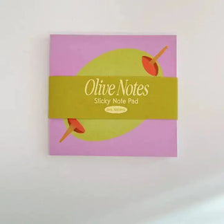 Olive Notes sticky note pad with pink background and green label