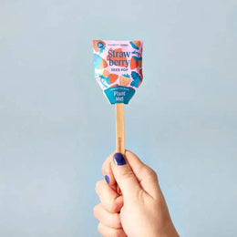 Hand holding a 'Strawberry Seed Pop' with a colorful label against a light blue background