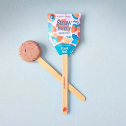 Seed pop with strawberry flavor packaging on a light blue background