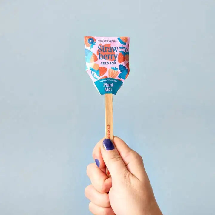 Hand holding a seed pop with a colorful label against a light blue background