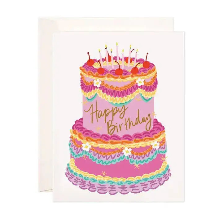 Greeting card with a colorful birthday cake illustration on a white background