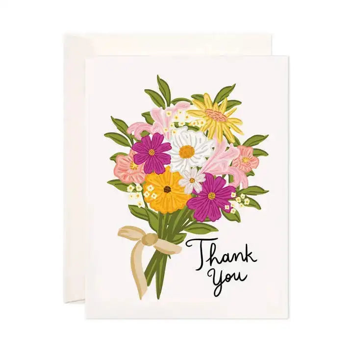 Greeting card with a bouquet of flowers and 'Thank You' text on a white background