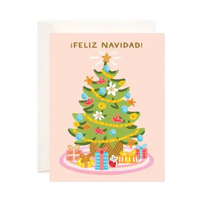 Christmas card with a decorated Christmas tree and 'Feliz Navidad!' text on a pink background