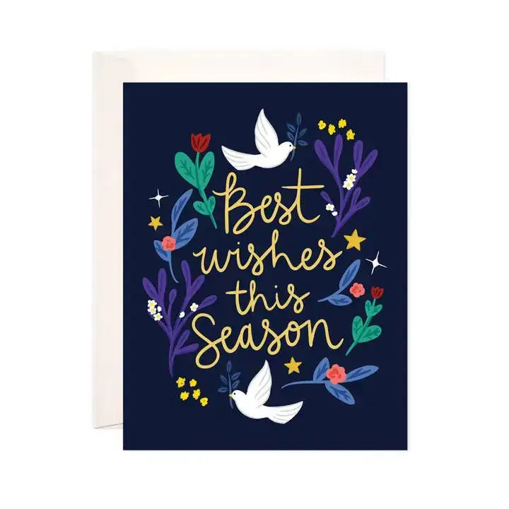 Greeting card with 'Best wishes this season' text and decorative elements on a dark blue background.