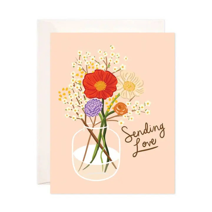Greeting card with a vase of flowers and 'Sending Love' text on a peach background