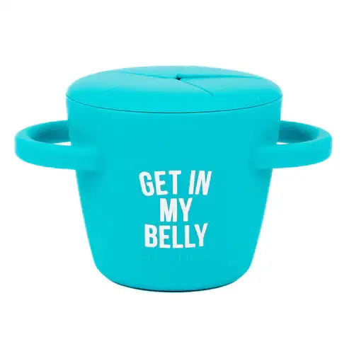 Turquoise container with 'GET IN MY BELLY' text on a white background