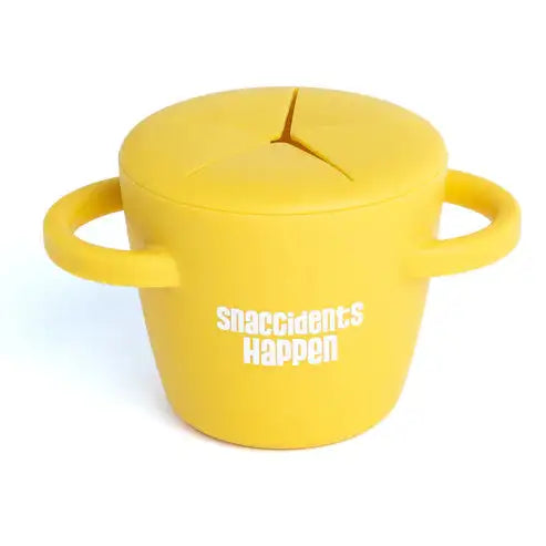 Yellow container with 'snaccidents happen' text on a white background