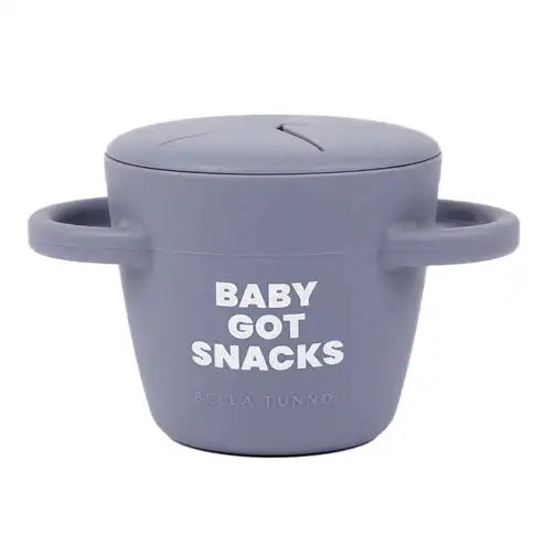 Purple snack container with 'BABY GOT SNACKS' text on a white background