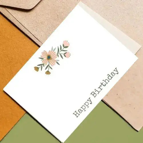 White birthday card with floral design and 'Happy Birthday' text on a multicolored background