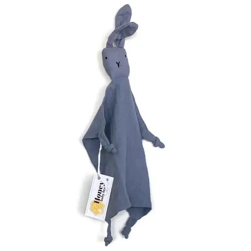 Blue bunny-shaped安抚巾 with a tag on a white background