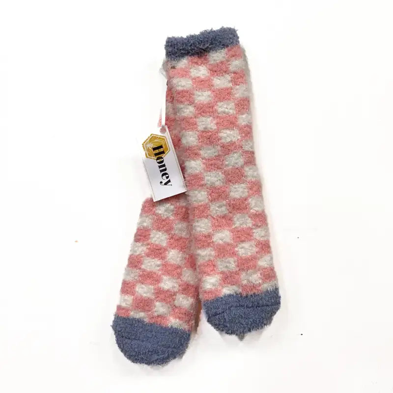 Checkered socks with a blue toe and heel on a white background, featuring a 'Honey' brand tag.